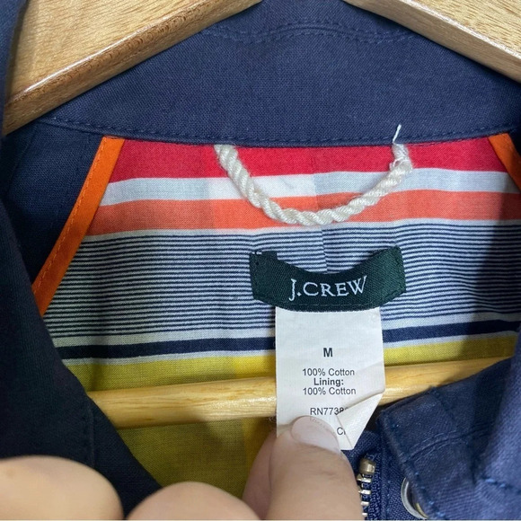 J. Crew Navy Blue Stripe Lined Cotton Nautical Rain Jacket Size Medium - Picture 3 of 8
